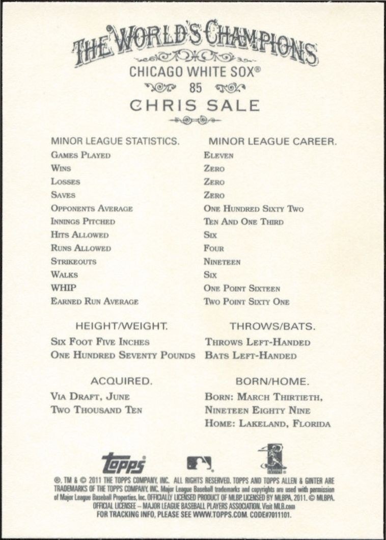 2011 Topps Allen & Ginter Chris Sale #85 baseball trading card back