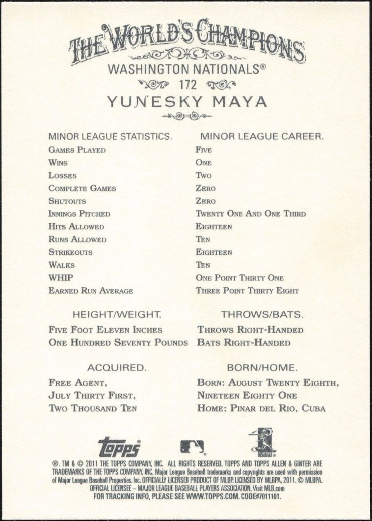2011 Topps Allen & Ginter Yunesky Maya #172 baseball trading card back