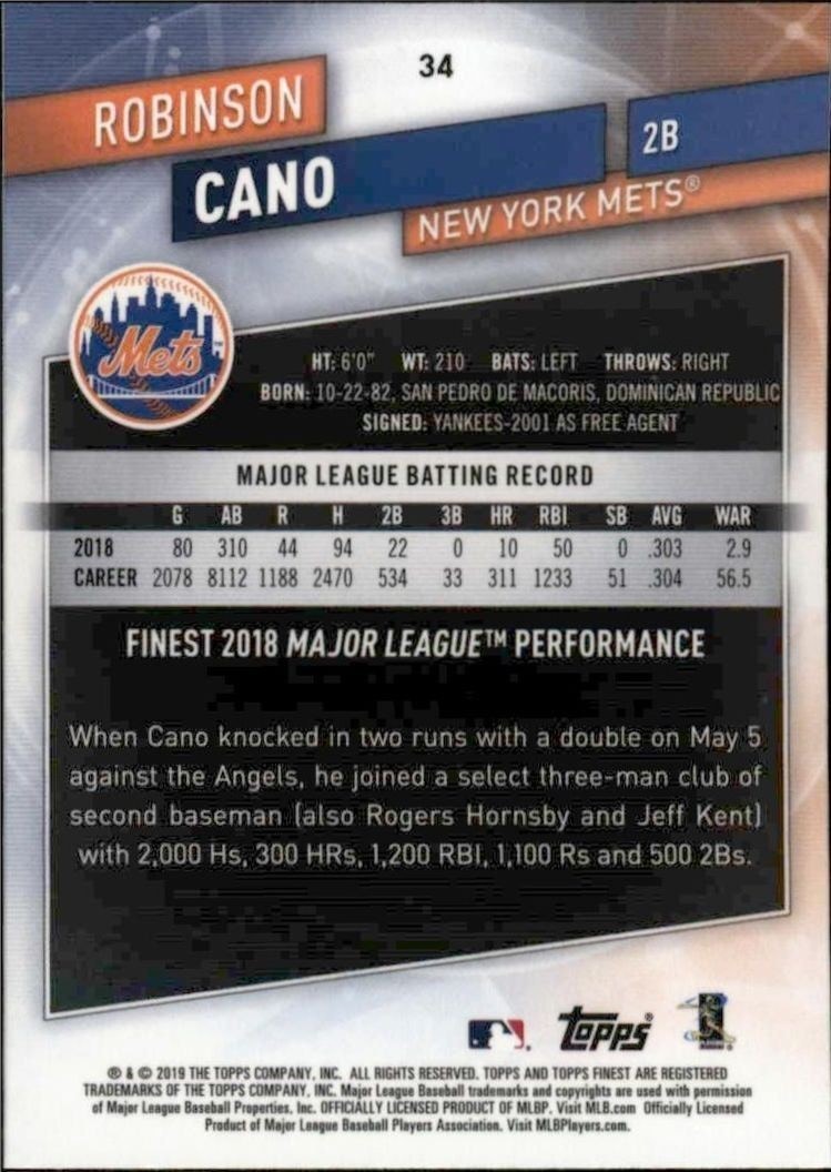 2019 Topps Finest Robinson Cano #34 baseball trading card back