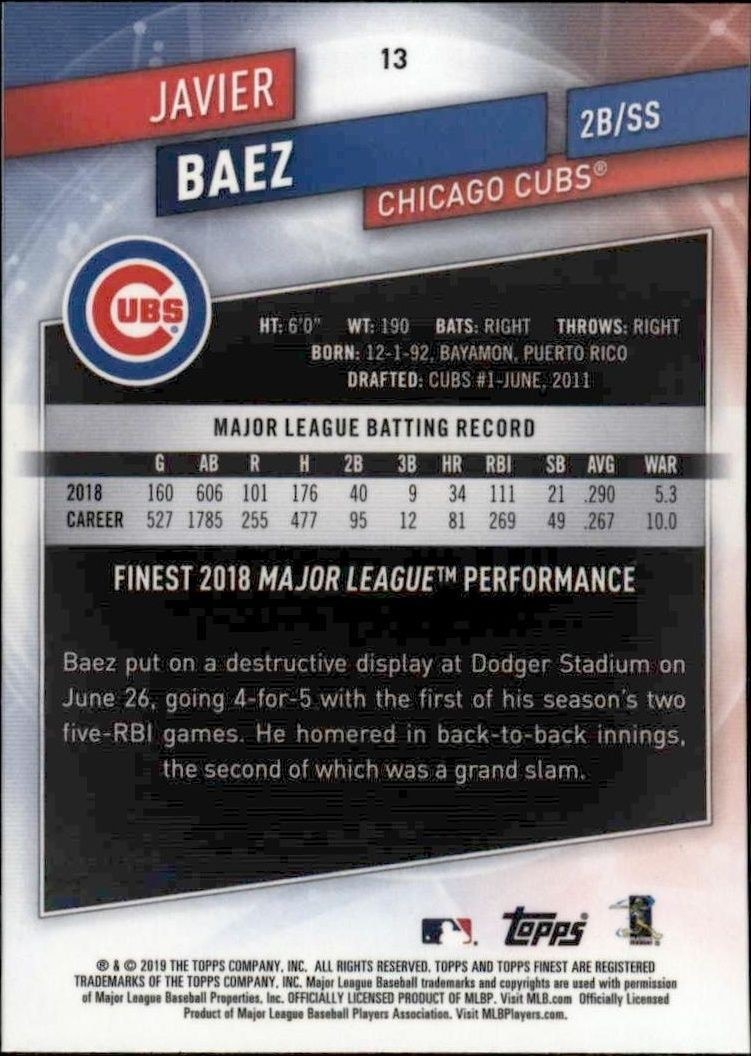 2019 Topps Finest Javier Baez #13 baseball trading card back