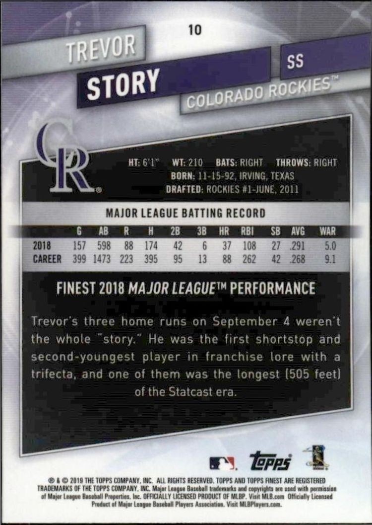 2019 Topps Finest Trevor Story #10 baseball trading card back
