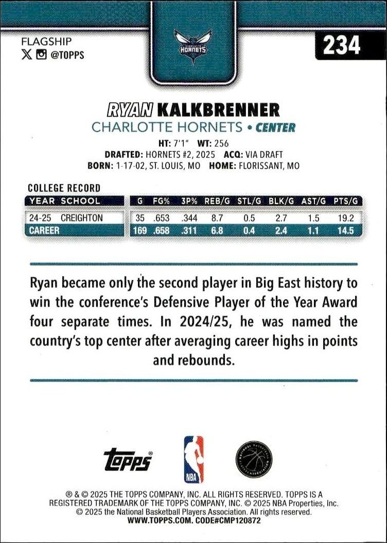2025-26 Topps Ryan Kalkbrenner #234 basketball trading card back