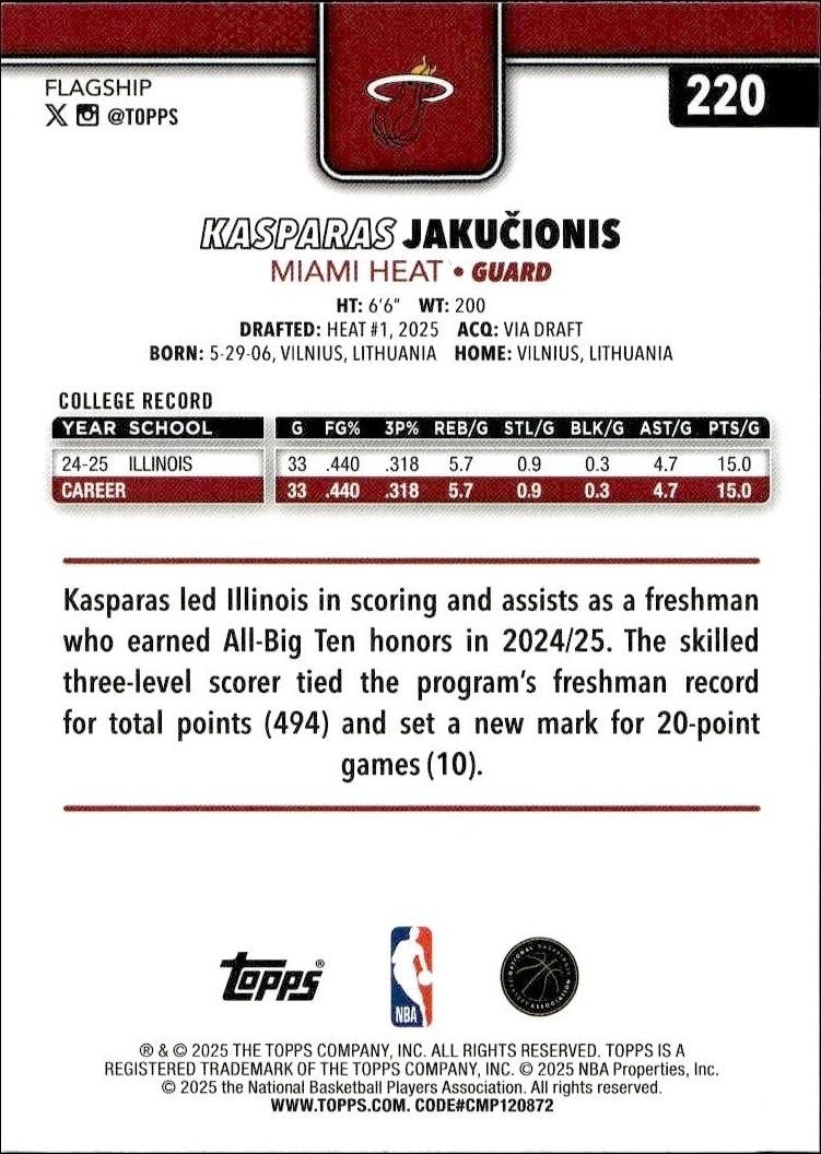 2025-26 Topps Kasparas Jakučionis #220 basketball trading card back