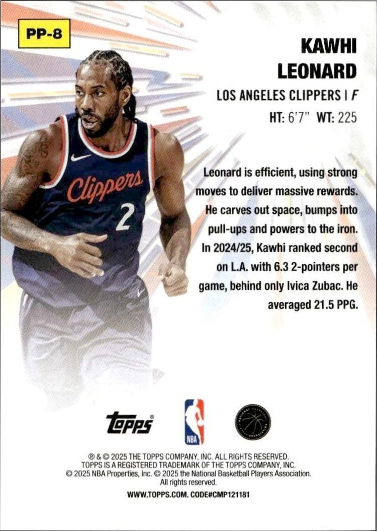 2025-26 Topps Kawhi Leonard #PP-8 basketball trading card back