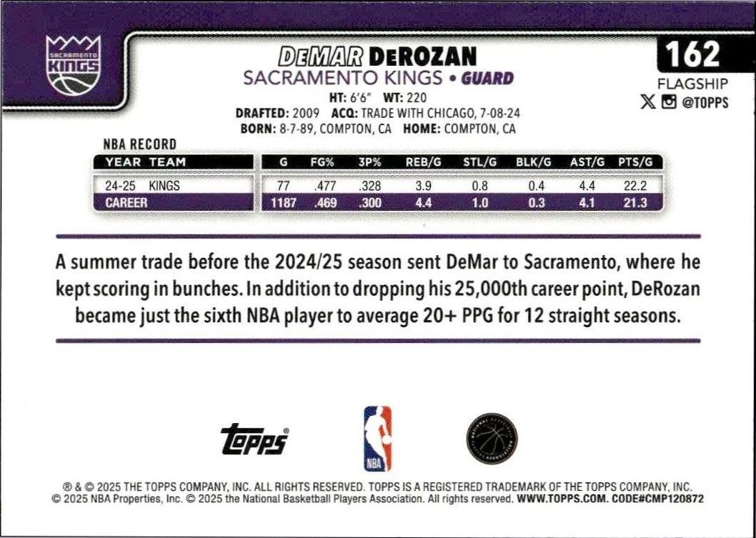 2024-25 Topps DeMar DeRozan #162 basketball trading card back