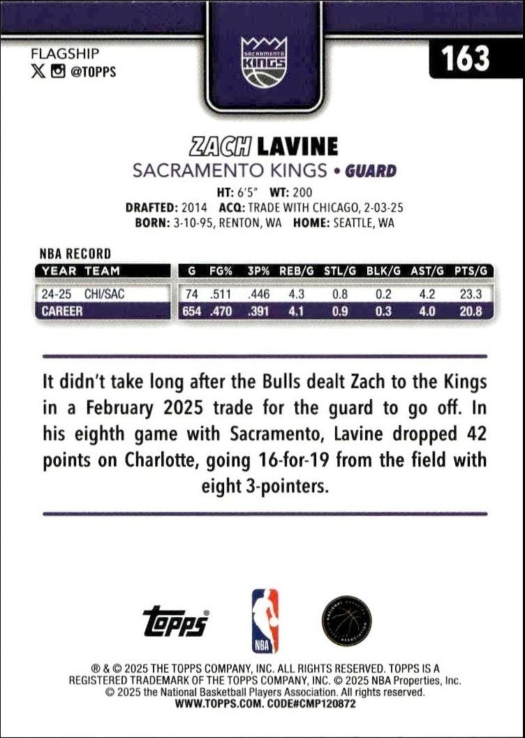 2025-26 Topps Zach LaVine #163 basketball trading card back