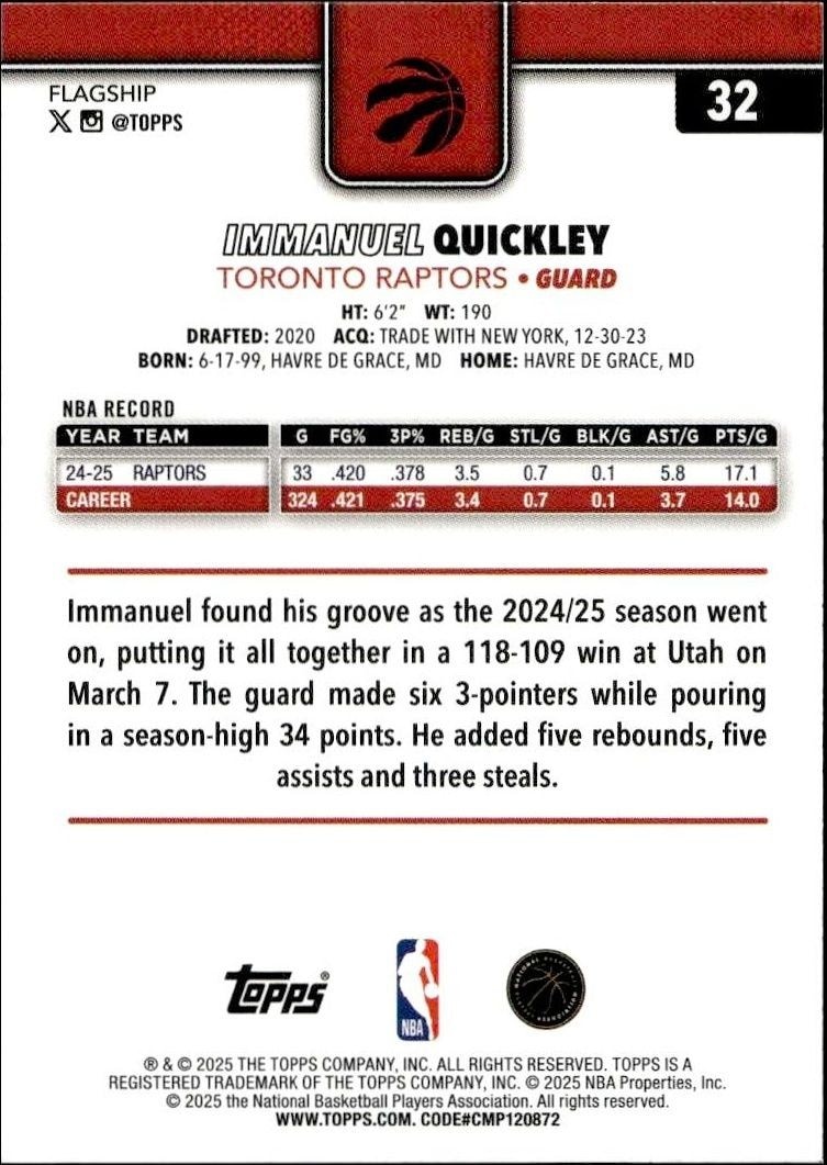 2025-26 Topps Immanuel Quickley #32 basketball trading card back