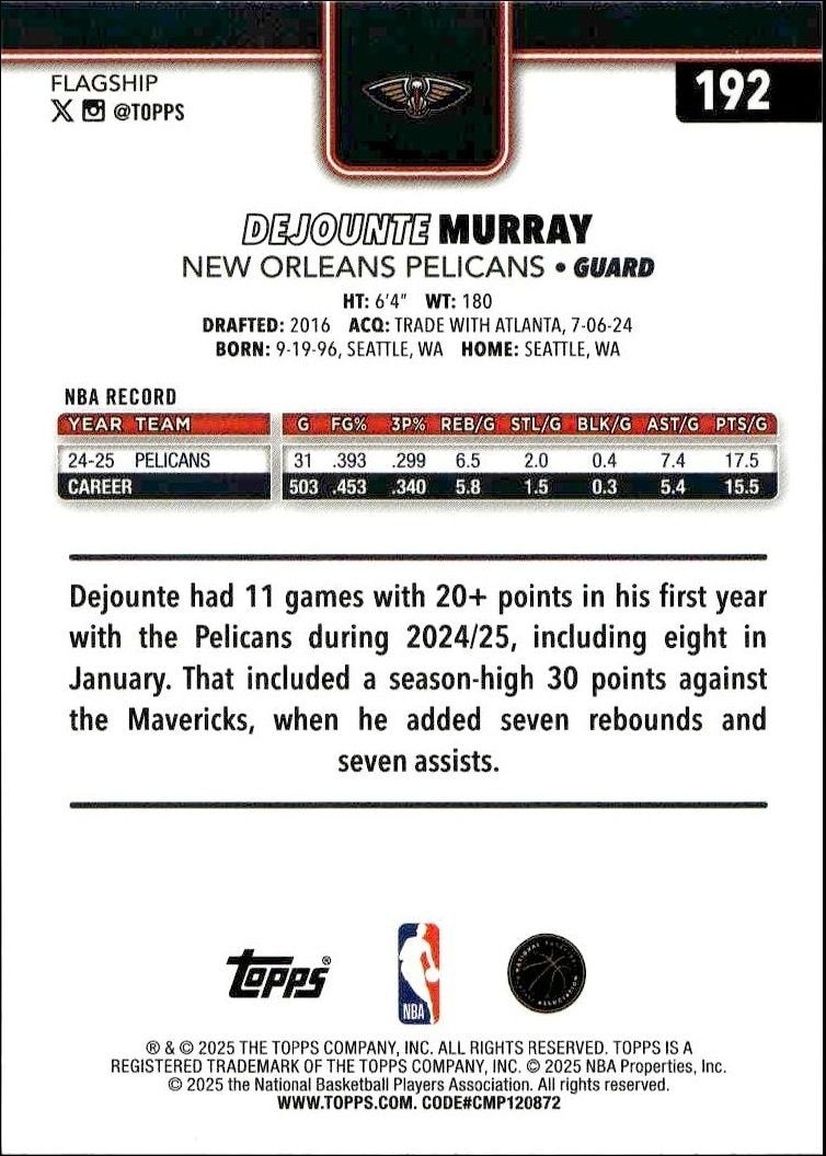 2025-26 Topps Dejounte Murray #192 basketball trading card back