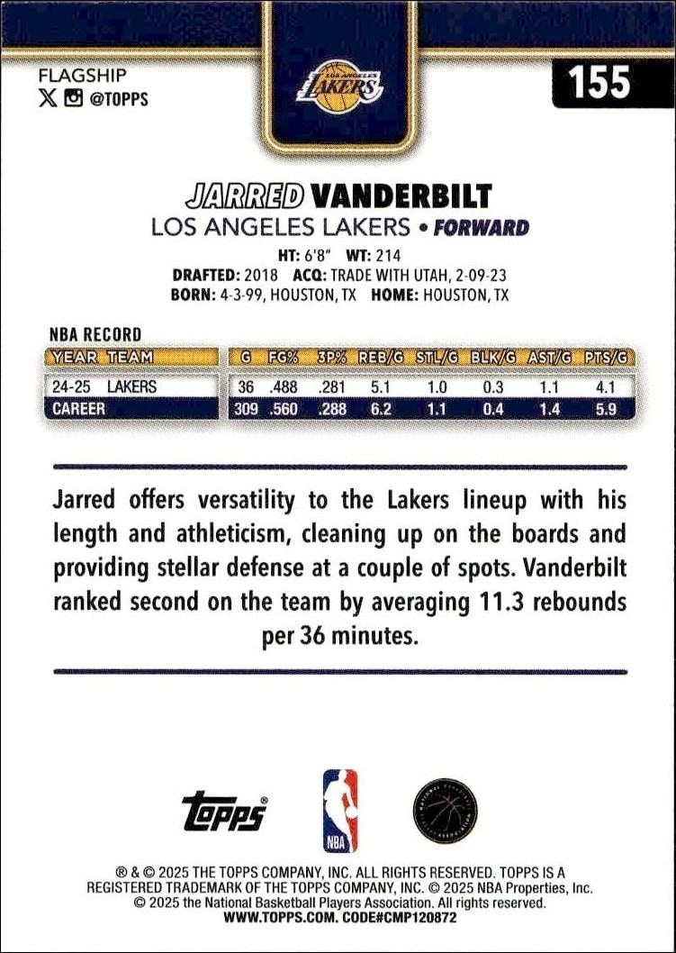 2025-26 Topps Jarred Vanderbilt #155 basketball trading card back