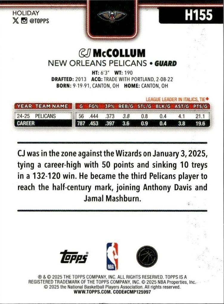 2025-26 Topps Holiday CJ McCollum #H155 basketball trading card back
