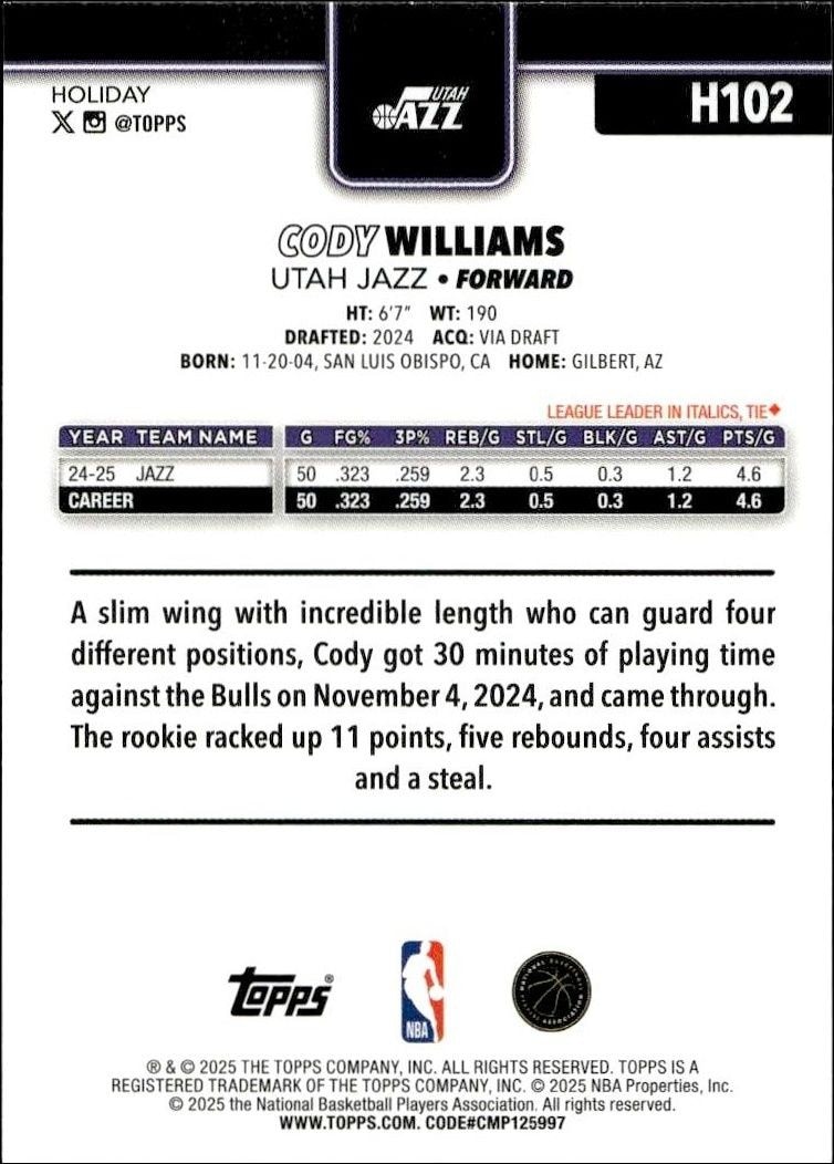 2025-26 Topps Holiday Cody Williams #H102 basketball trading card back