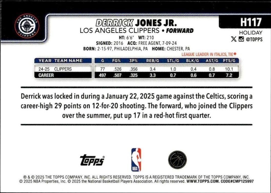 2025-26 Topps Holiday Derrick Jones Jr. #H117 basketball trading card back