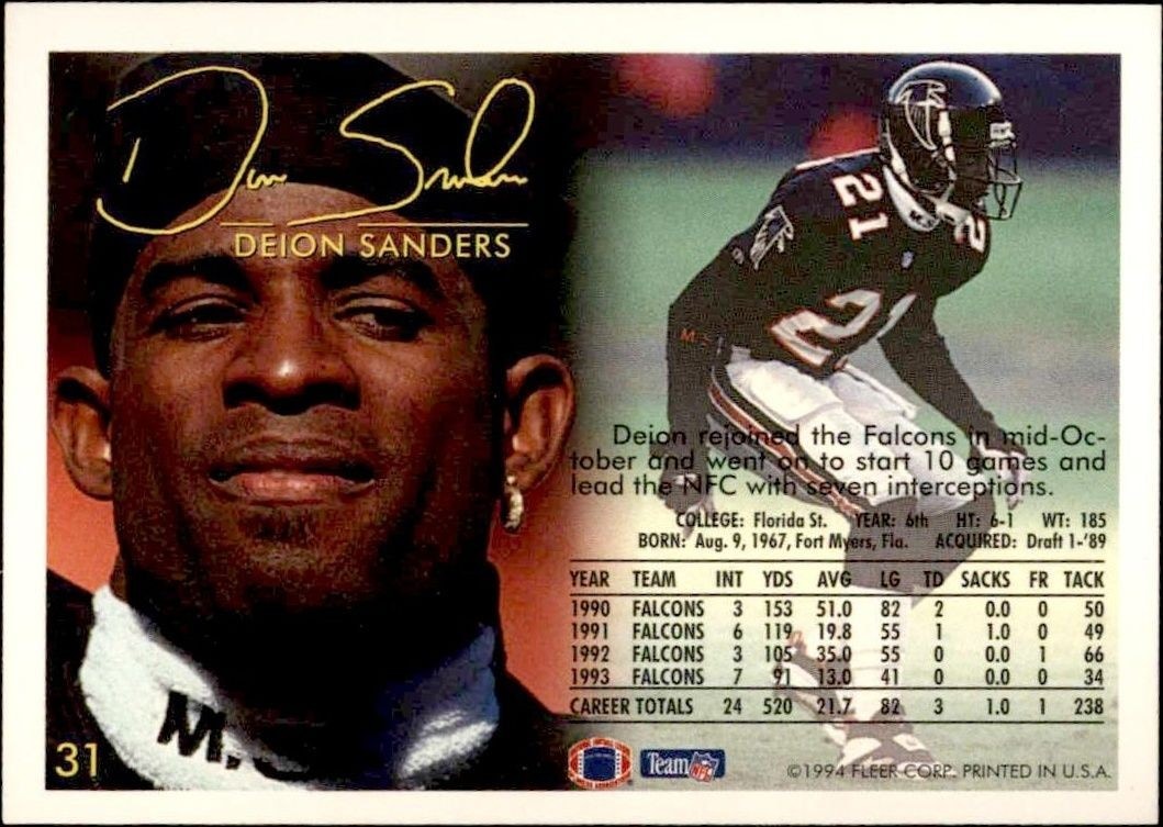 1994 Fleer Deion Sanders #31 football trading card back