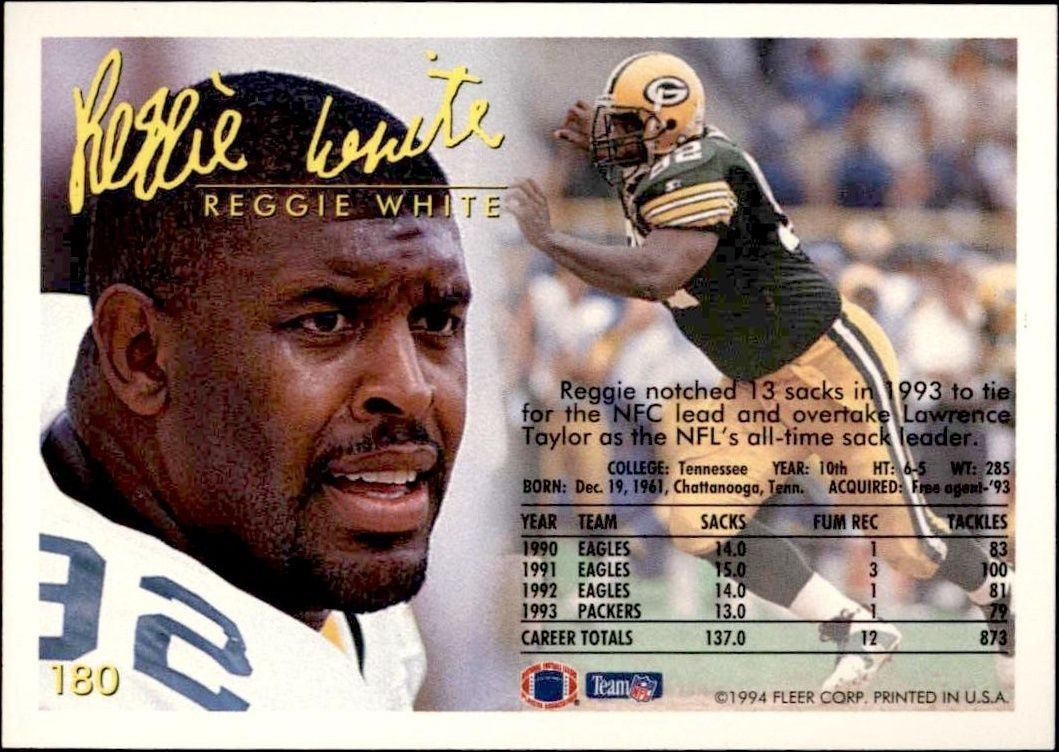 1994 Fleer Reggie White #180 football trading card back