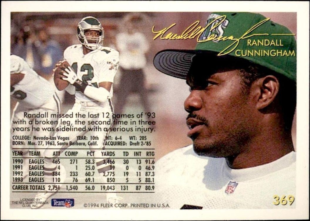 1994 Fleer Randall Cunningham #369 football trading card back