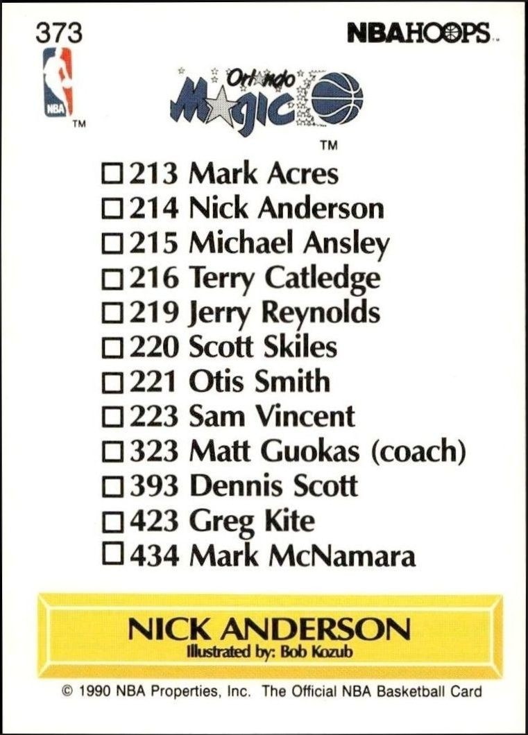 1990-91 Skybox NBA Hoops Nick Anderson #373 basketball trading card back