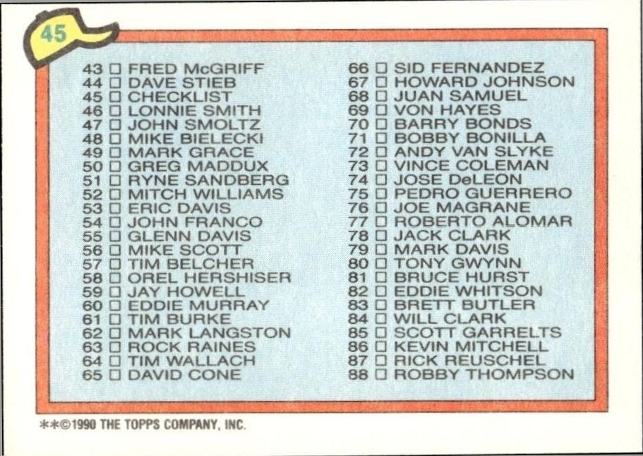 1990 Topps Checklist #45 baseball trading card back