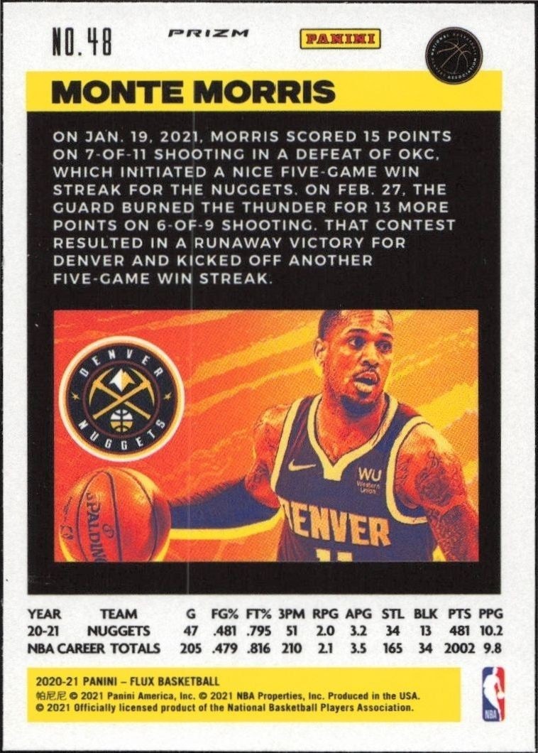 2020-21 Panini Flux Monte Morris #48 basketball trading card back