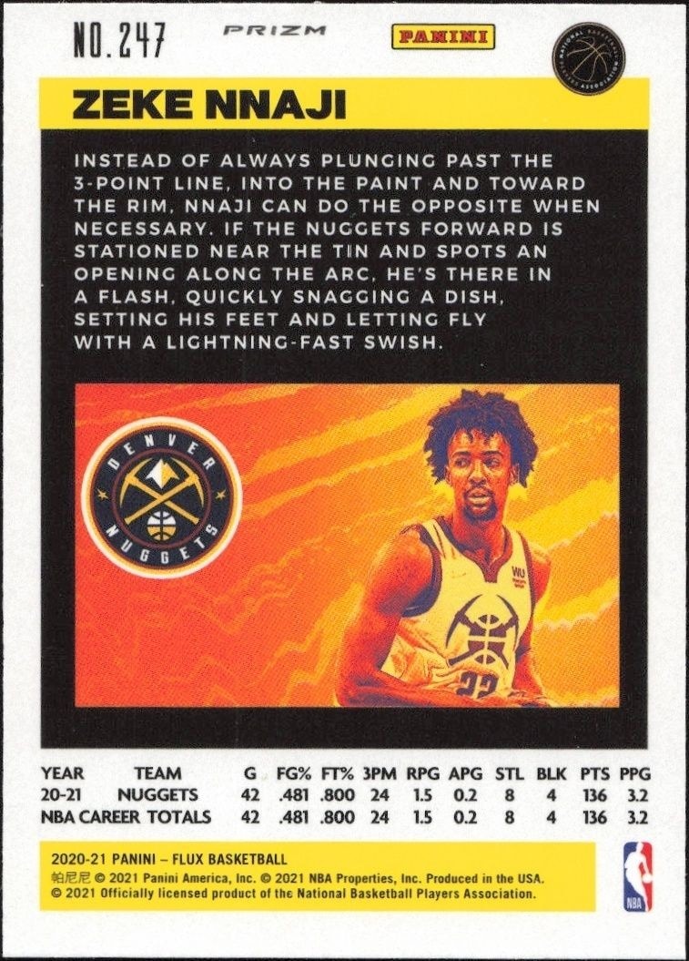 2020-21 Panini Flux Zeke Nnaji #247 basketball trading card back