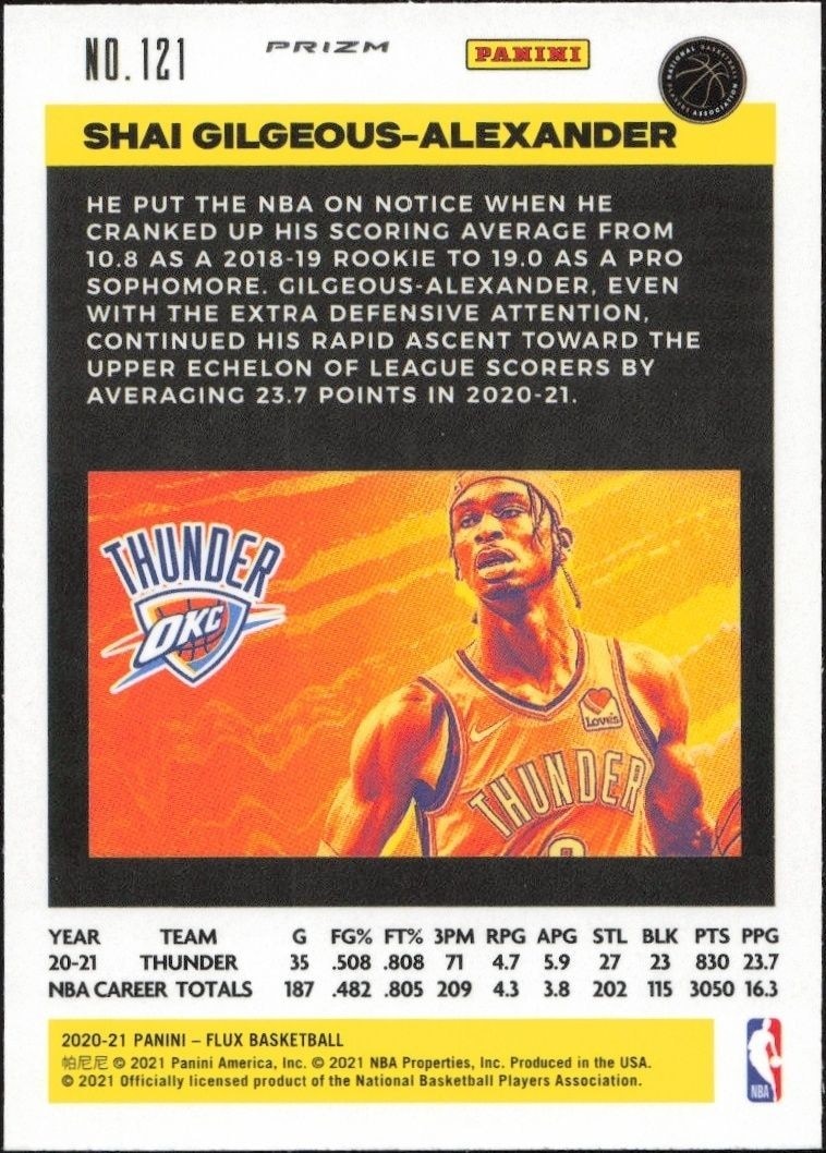 2020-21 Panini Flux Shai Gilgeous-Alexander #121 basketball trading card back