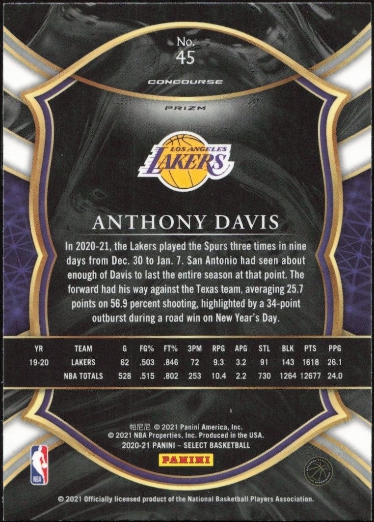 2020-21 Panini Select Anthony Davis #45 basketball trading card back