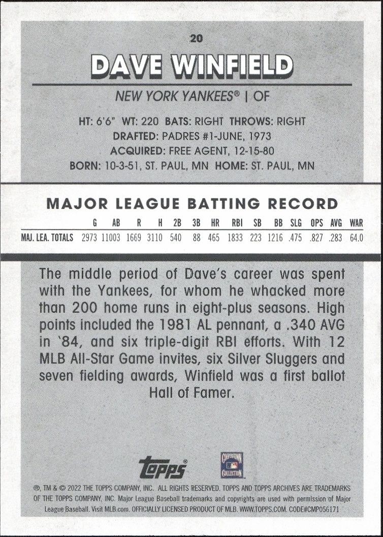 2022 Topps Archives Snapshots Dave Winfield #20 baseball trading card back