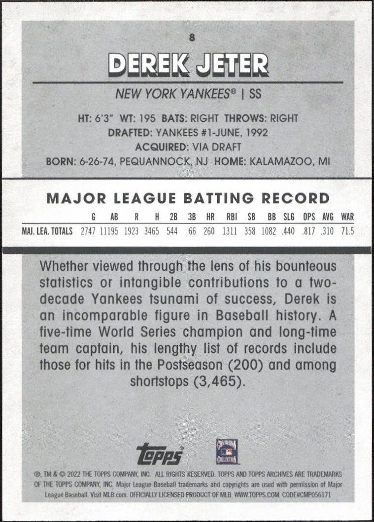 2022 Topps Archives Snapshots Derek Jeter #8 baseball trading card back