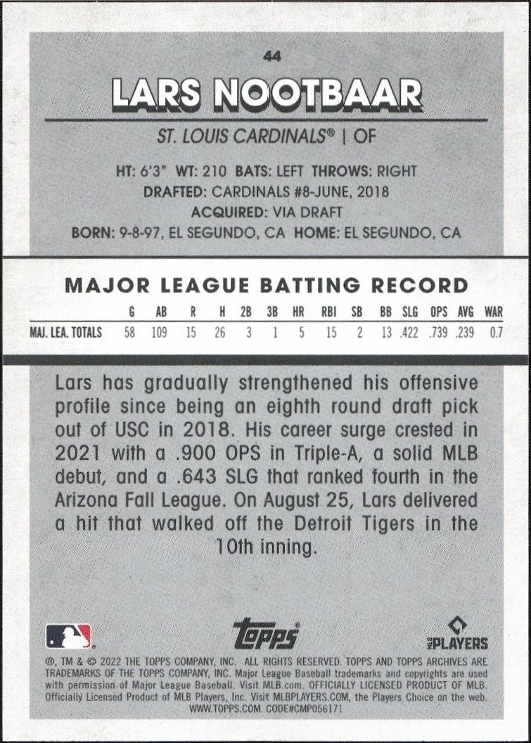 2022 Topps Archives Snapshots Lars Nootbaar #44 baseball trading card back