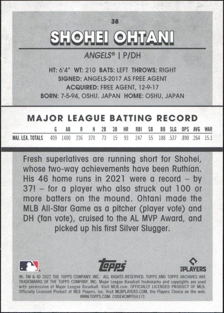 2022 Topps Archives Snapshots Shohei Ohtani #38 baseball trading card back
