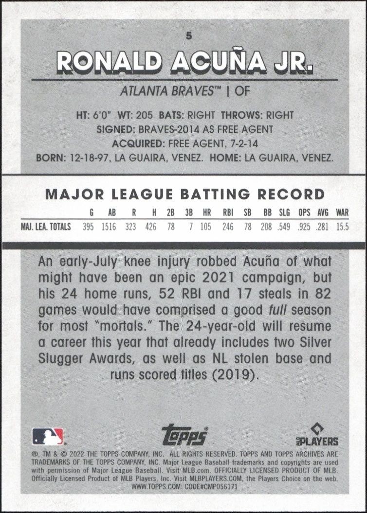 2022 Topps Archives Snapshots Ronald Acuña Jr. #5 baseball trading card back