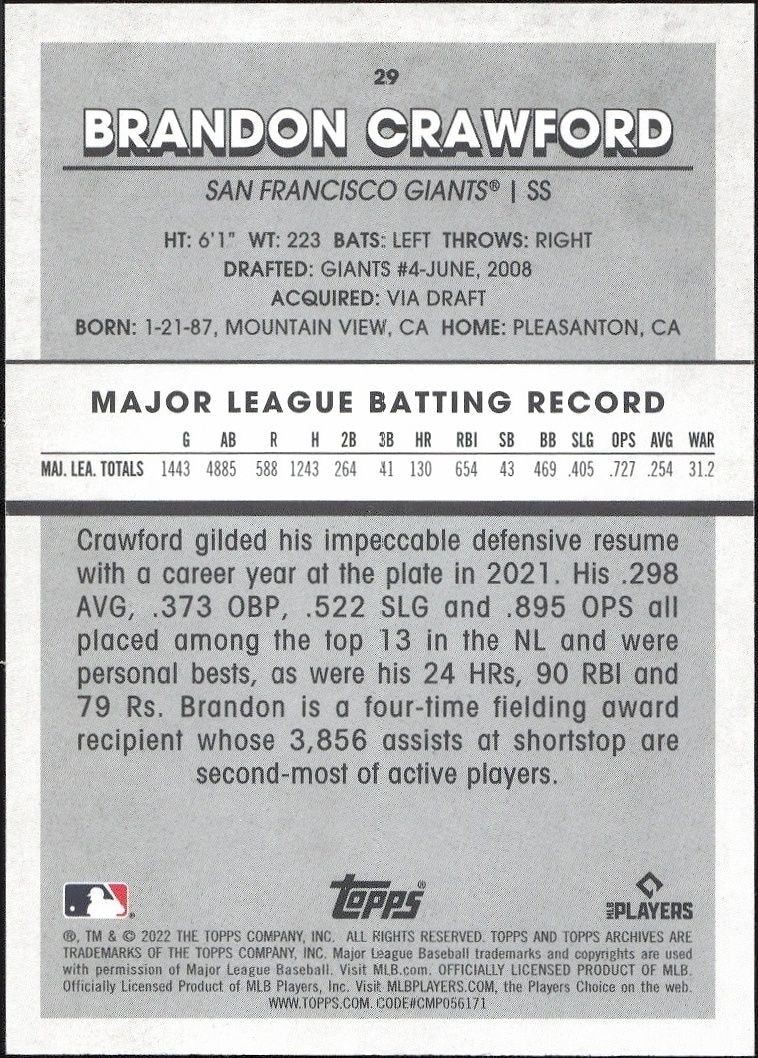 2022 Topps Heritage Brandon Crawford #29 baseball trading card back