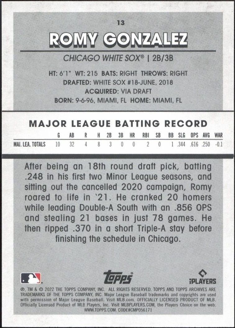 2022 Topps Archives Snapshots Romy Gonzalez #13 baseball trading card back