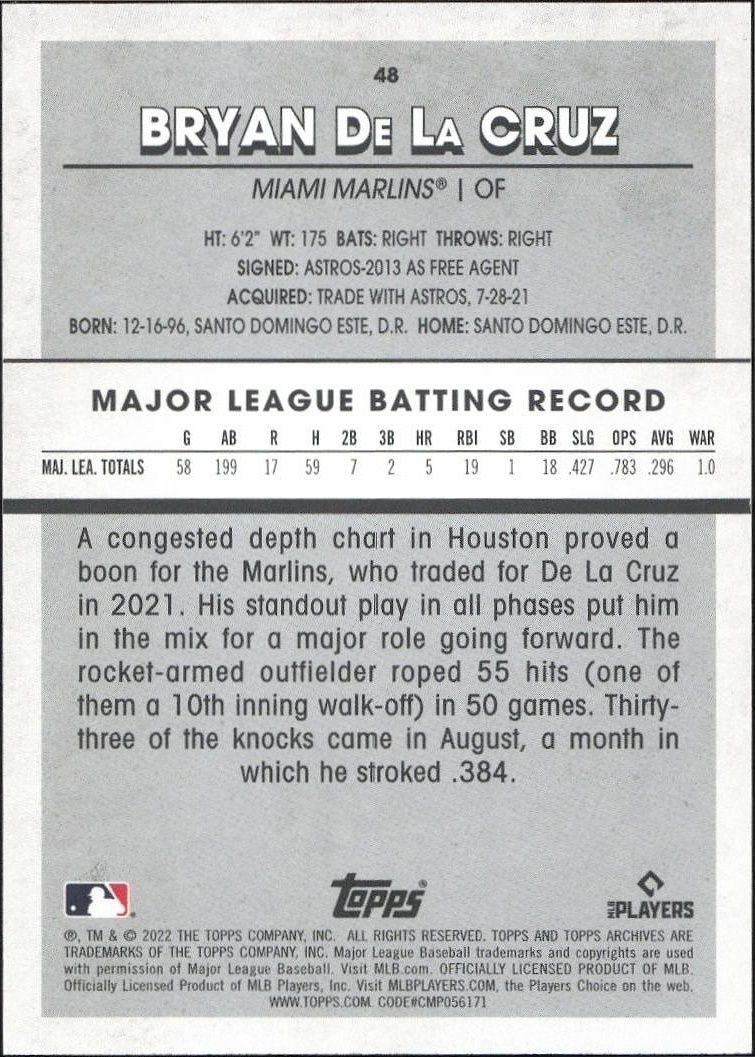 2022 Topps Archives Snapshots Bryan De La Cruz #48 baseball trading card back