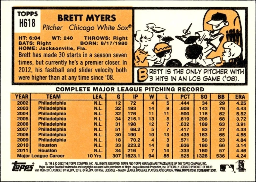 2012 Topps Heritage High Number Brett Myers #H618 baseball trading card back