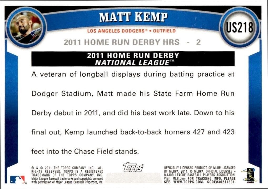 2011 Topps Update Series Matt Kemp #US218 baseball trading card back