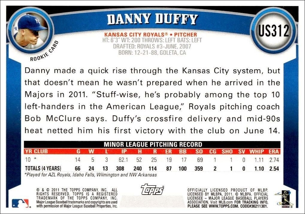 2011 Topps Update Series Danny Duffy #US312 baseball trading card back