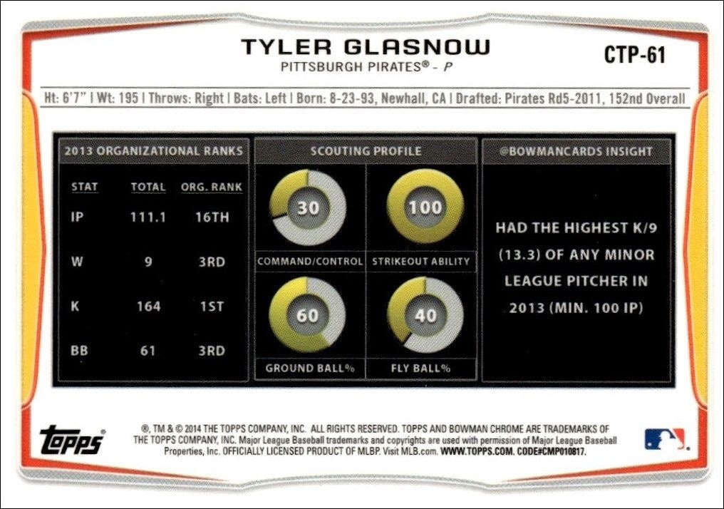 2014 Bowman Draft Tyler Glasnow #CTP-61 baseball trading card back
