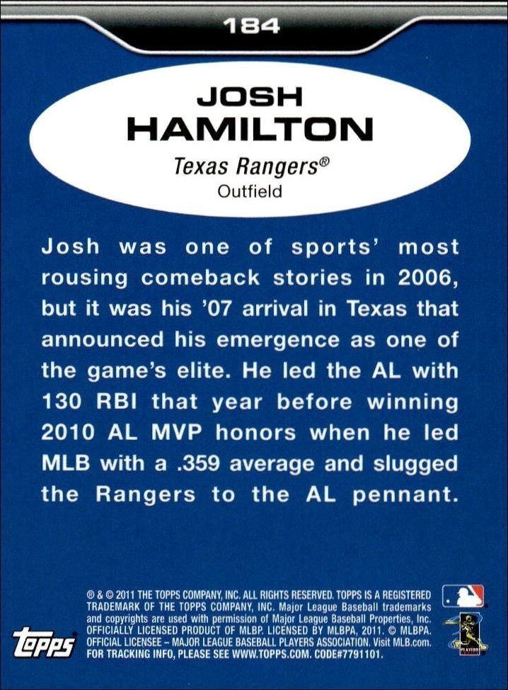 2011 Topps Lineage Josh Hamilton #184 baseball trading card back