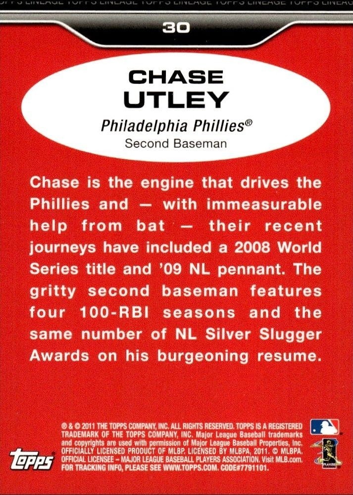 2011 Topps Lineage Chase Utley #30 baseball trading card back