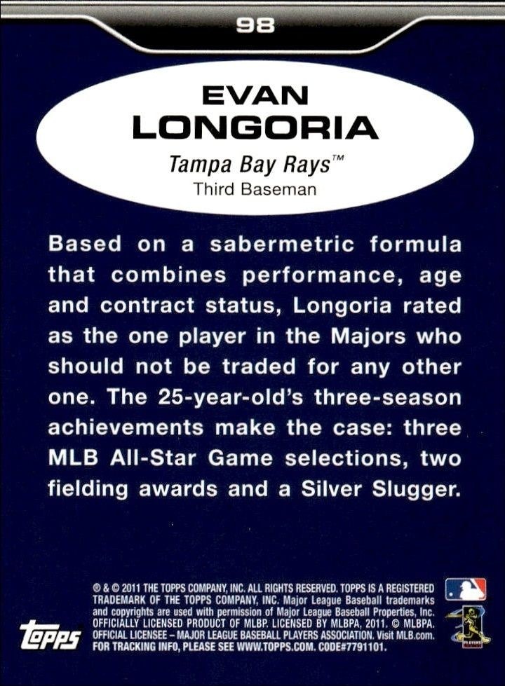 2011 Topps Lineage Evan Longoria #98 baseball trading card back