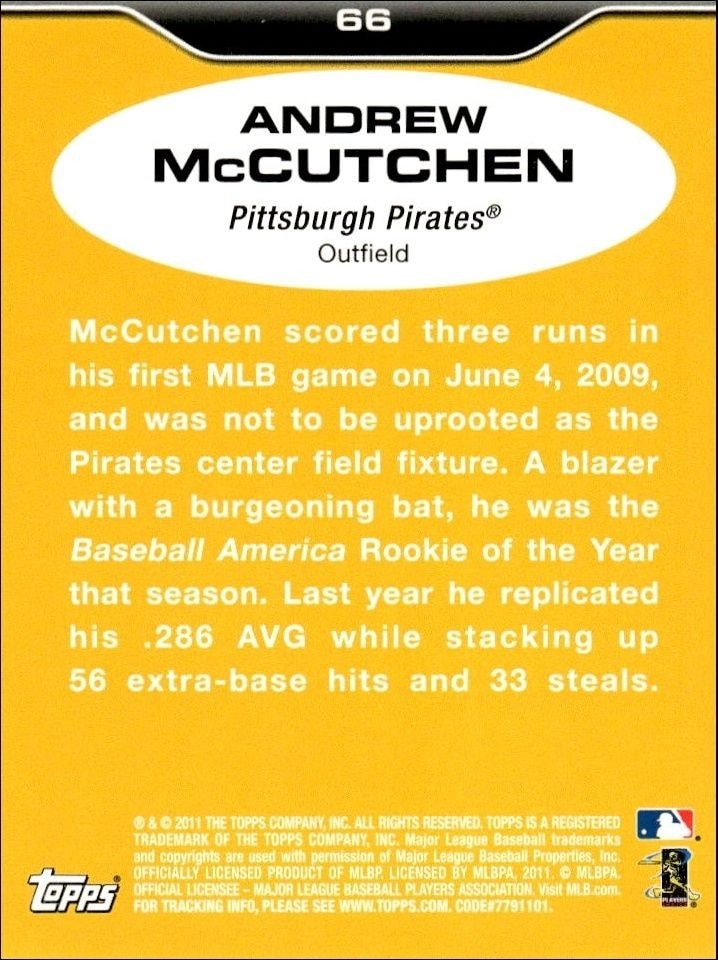2011 Topps Lineage Andrew McCutchen #66 baseball trading card back