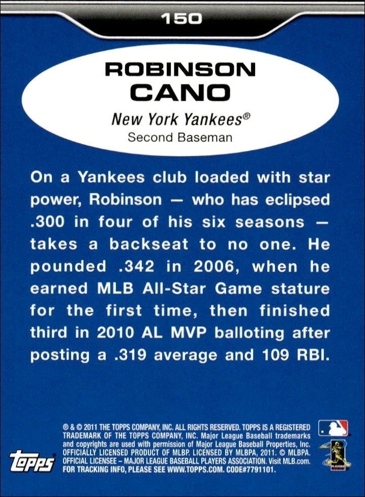 2011 Topps Lineage Robinson Cano #150 baseball trading card back