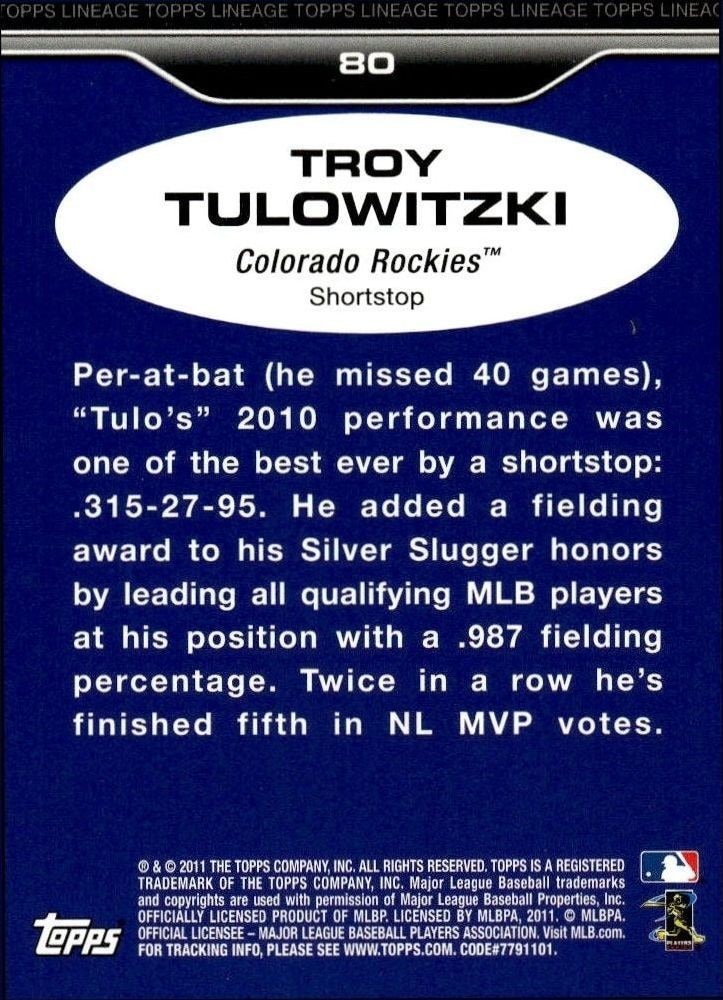 2011 Topps Lineage Troy Tulowitzki #80 baseball trading card back