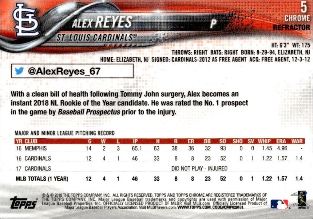 2018 Topps Chrome Alex Reyes #5 baseball trading card back