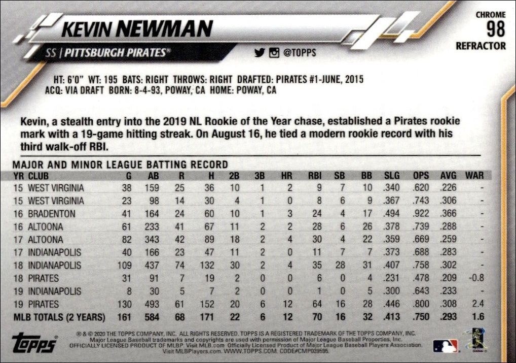 2020 Topps Chrome Kevin Newman #98 baseball trading card back
