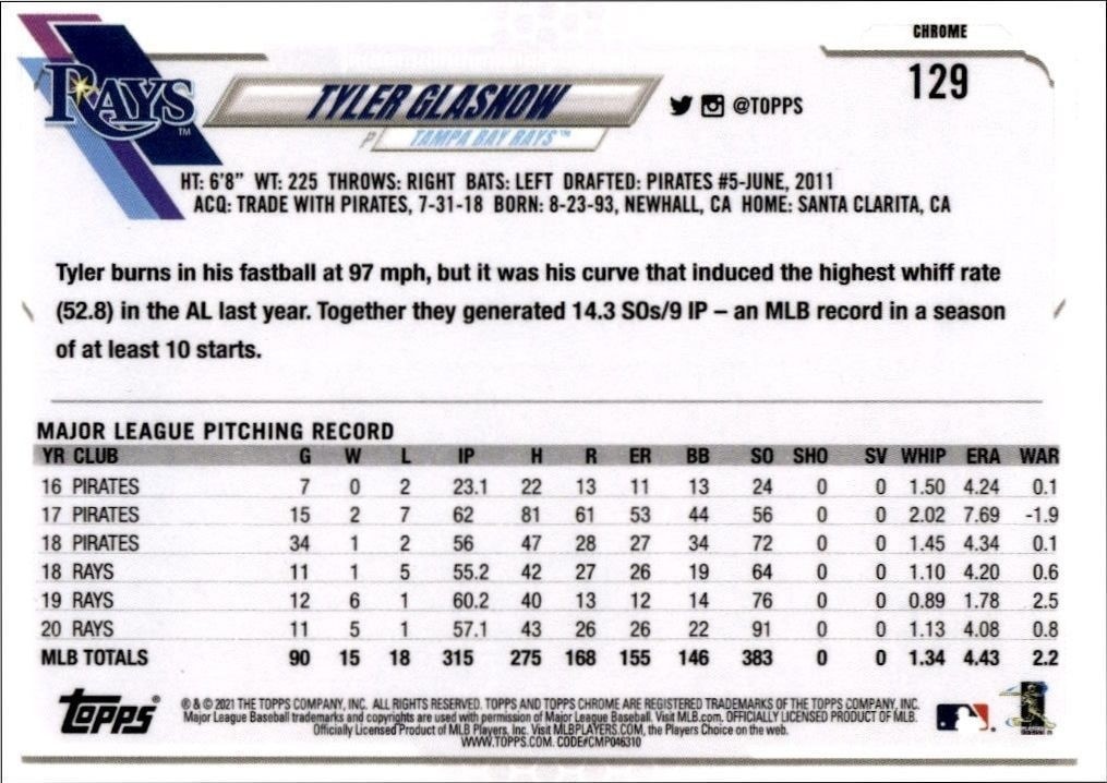 2021 Topps Chrome Tyler Glasnow #129 baseball trading card back