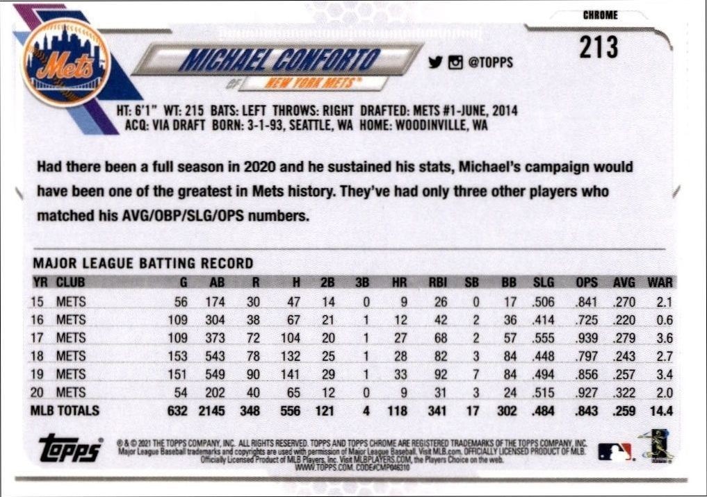 2021 Topps Chrome Michael Conforto #213 baseball trading card back