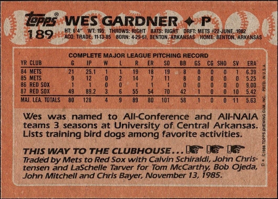 1988 Topps Wes Gardner #189 baseball trading card back