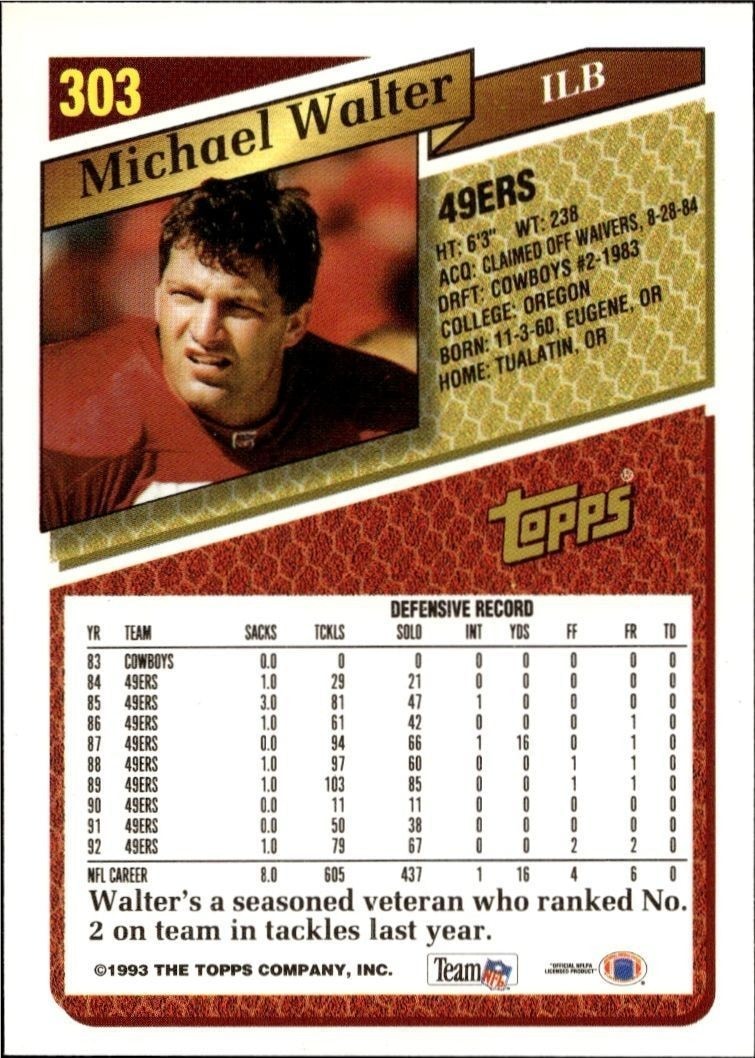 1993 Topps Michael Walter #303 football trading card back