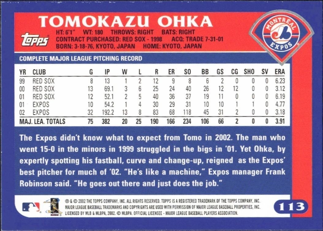 2003 Topps Tomokazu Ohka #113 baseball trading card back